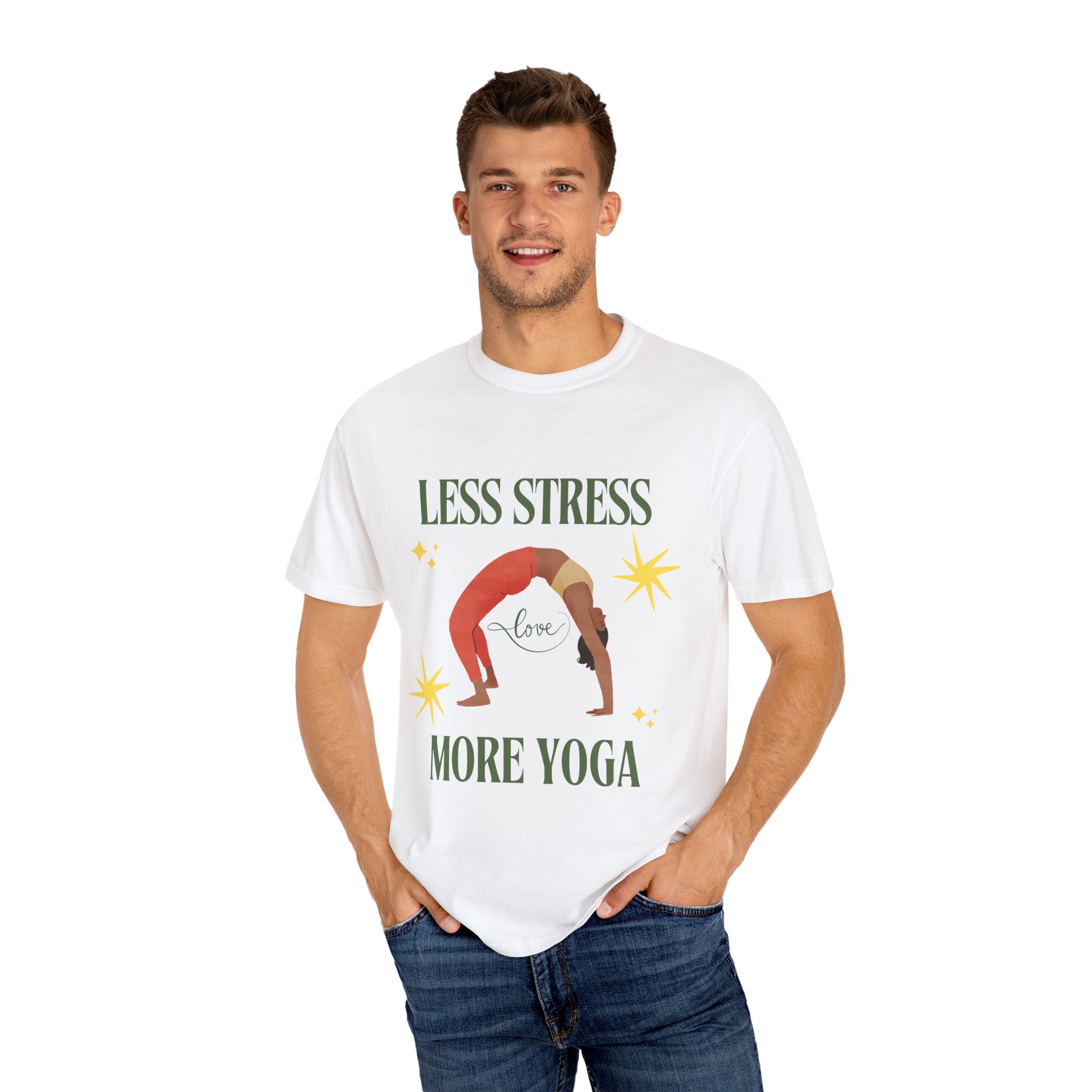 Yoga T-shirt: 'Less Stress More Yoga' Unisex Inspirational Tee