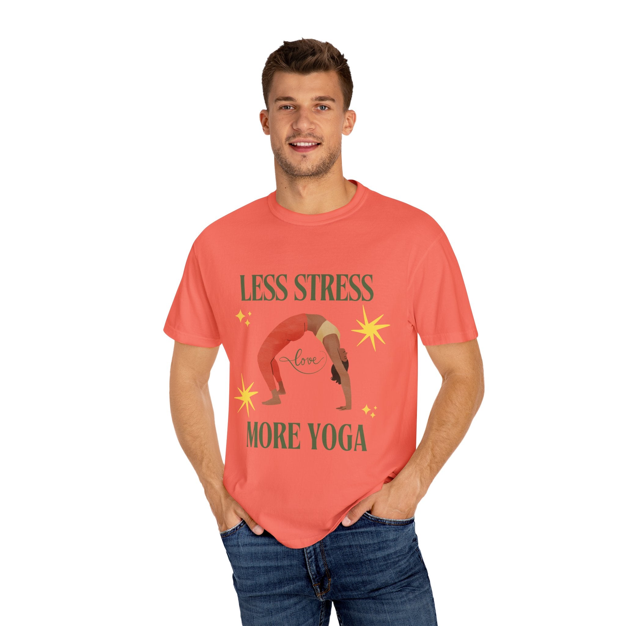 Yoga T-shirt: 'Less Stress More Yoga' Unisex Inspirational Tee