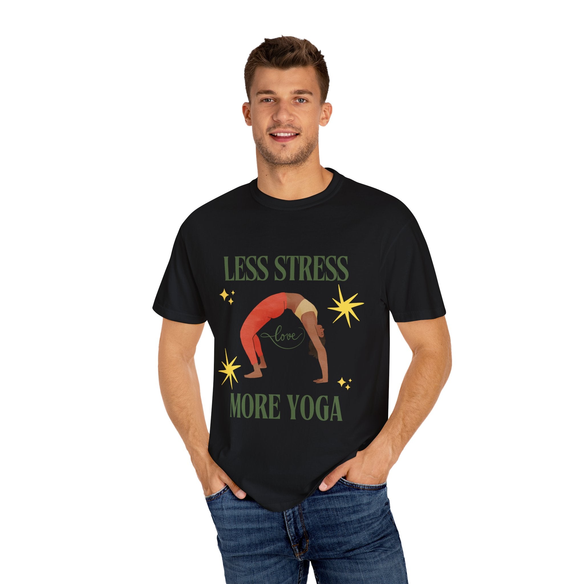 Yoga T-shirt: 'Less Stress More Yoga' Unisex Inspirational Tee
