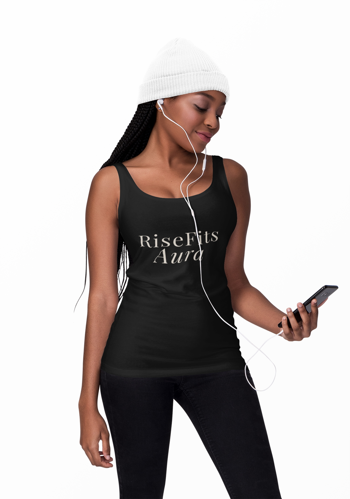 RiseFits Aura Racer Tank Top — Women's Crop Muscle Tank, Retro Script Activewear