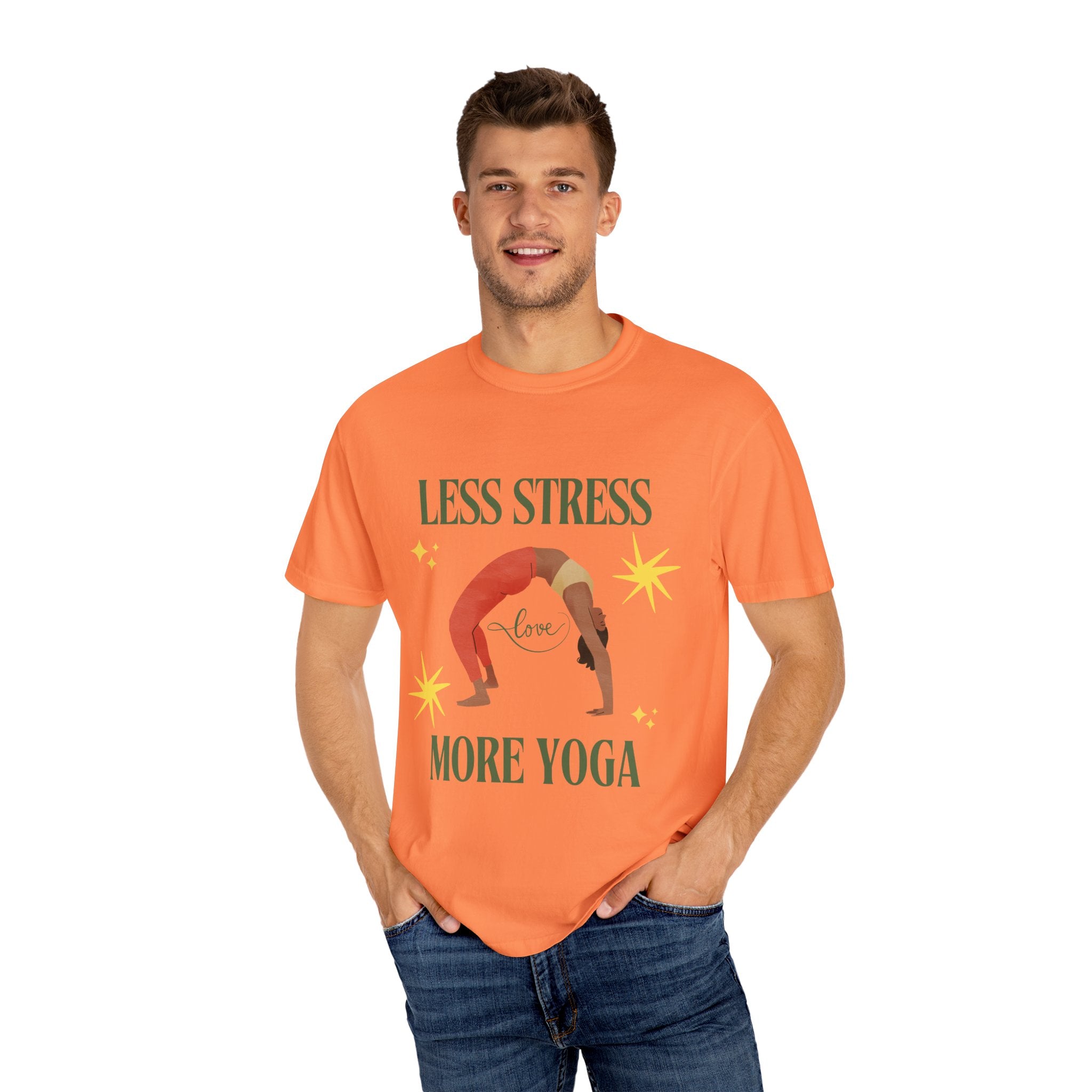 Yoga T-shirt: 'Less Stress More Yoga' Unisex Inspirational Tee