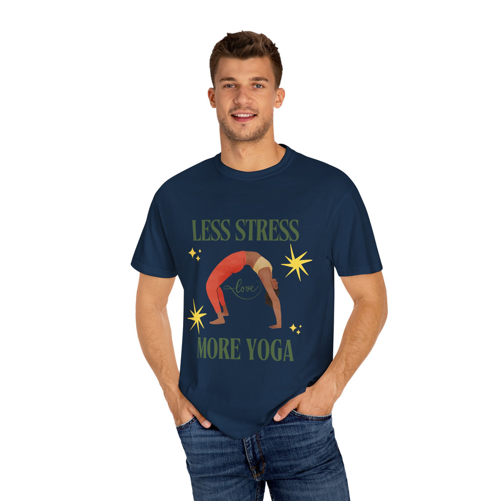 Yoga T-shirt: 'Less Stress More Yoga' Unisex Inspirational Tee
