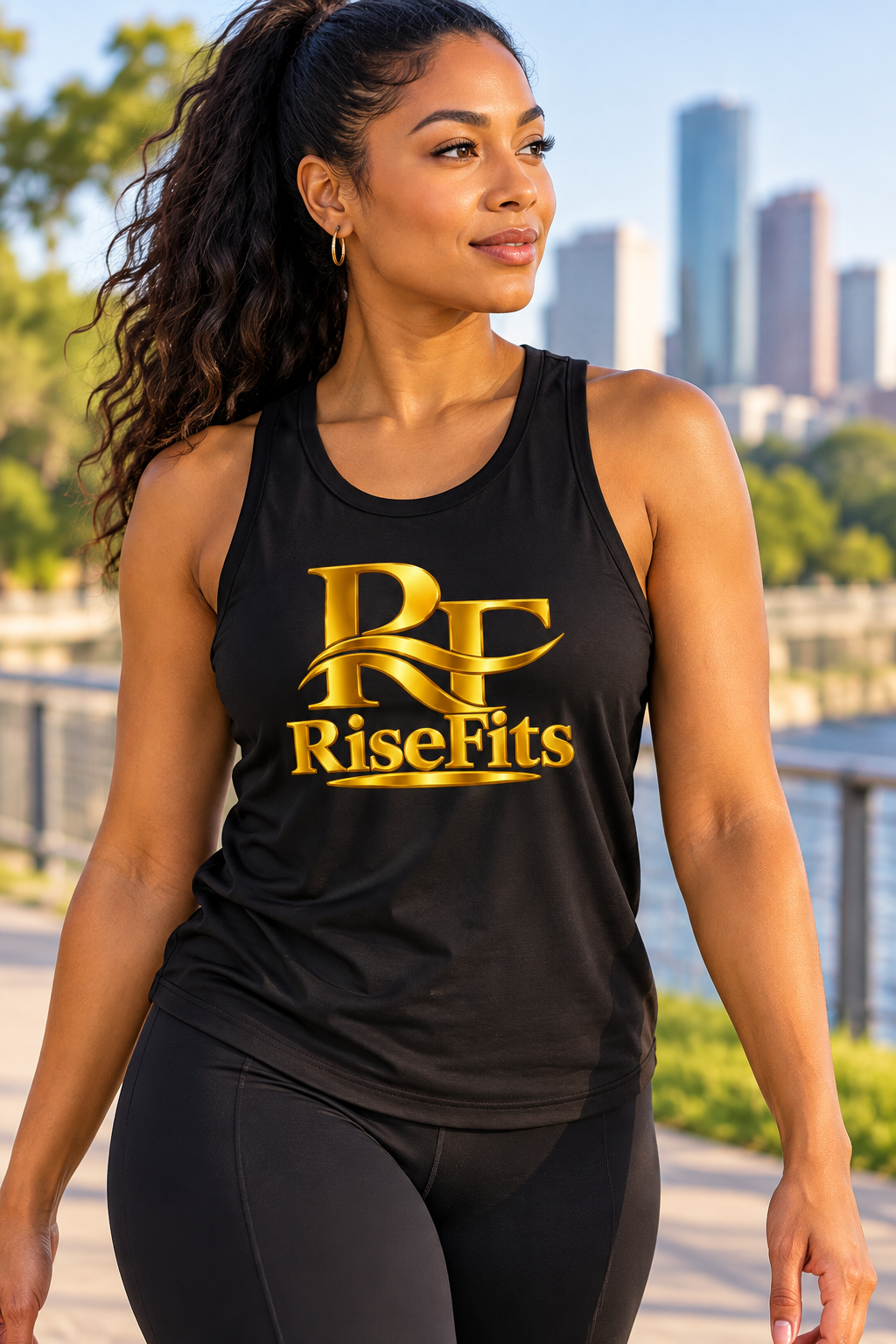 RiseFits Women's Muscle Tank — Gold RF Logo Athletic Tank Top