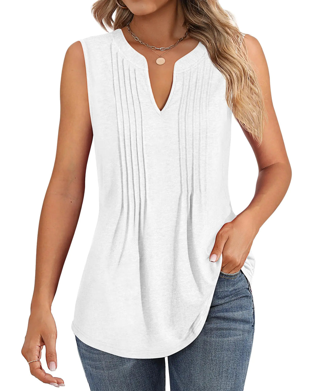 Locoowai Womens Tank Tops Sleeveless Pleated Tunic V Neck T-Shirts Summer Dressy Casual Loose Trendy Spring Blouses(X-LargeWhite)