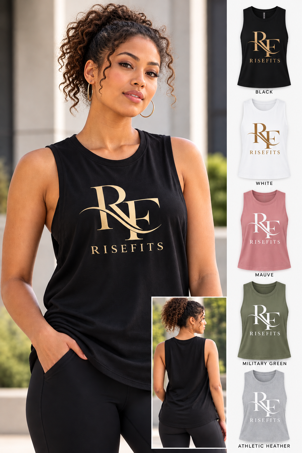 RiseFits Women's Muscle Tank — Gold RF Logo Athletic Tank Top