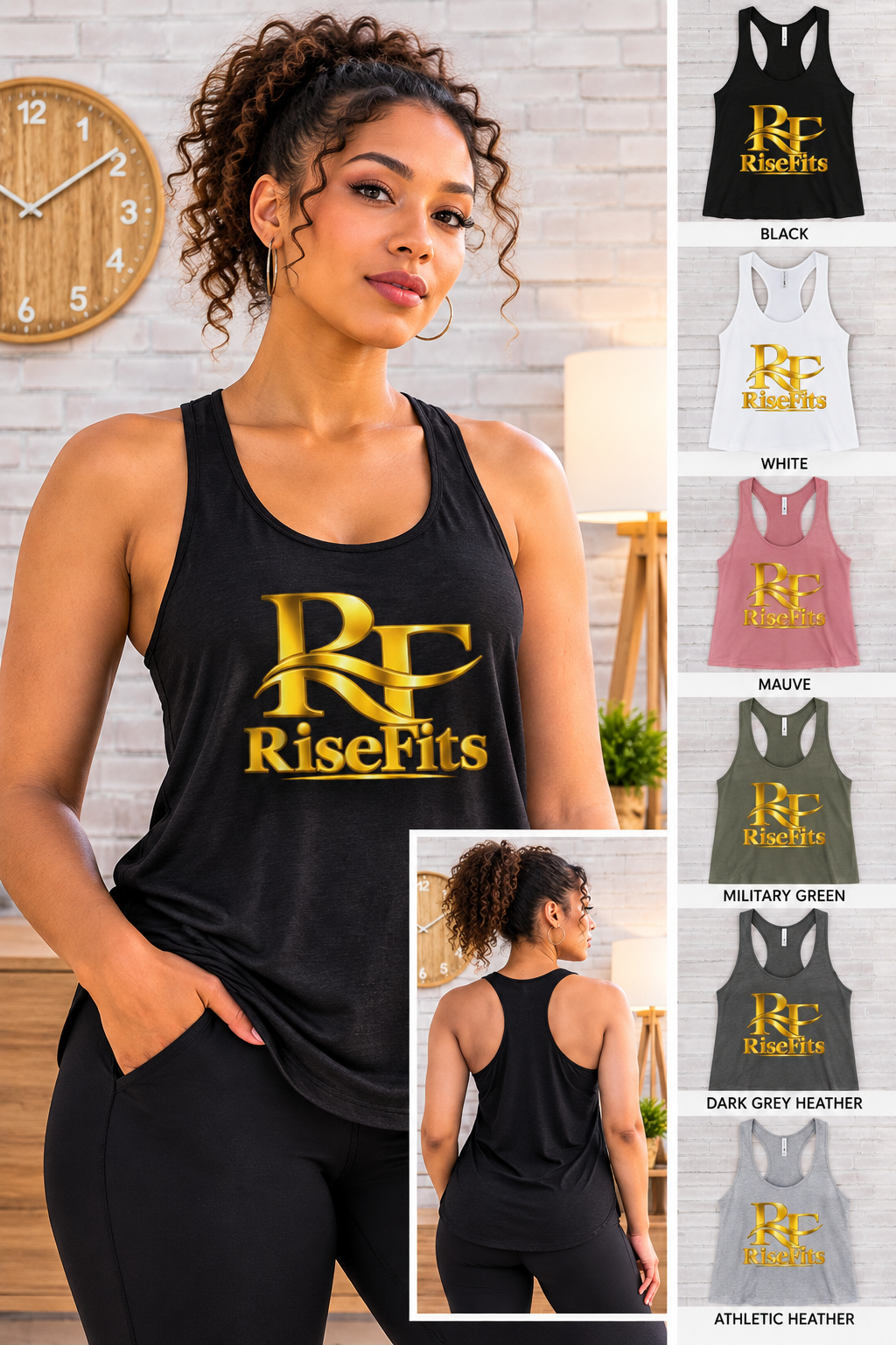 RiseFits women's black racerback tank top with gold RF logo, modeled by a woman, with additional tank top colors displayed. Copy
