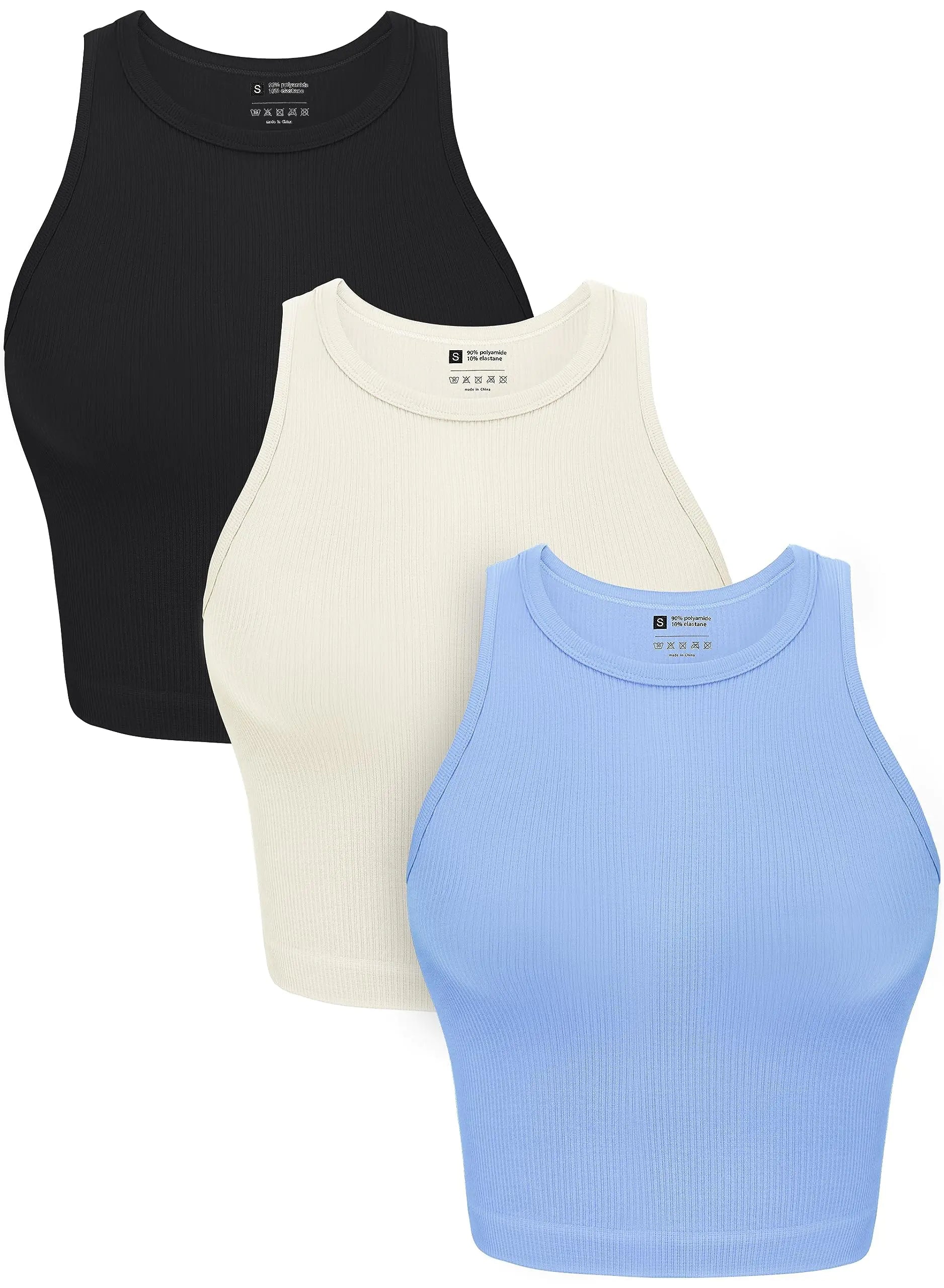 USA Only: OLCHEE Women's 3 Pack Crop Tank Tops Basic Seamless Ribbed Round High Neck Racerback Workout Top Summer Causal Yoga Gym Shirts - Black Beige Light Blue Medium