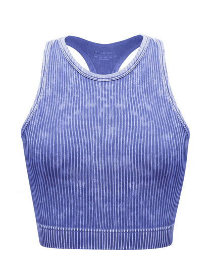 Womens Seamless Ribbed Workout Crop Tank TopSlim Fit Short Scoop Neck Racerback Tank TopsSports Bra Yoga Tops Blue