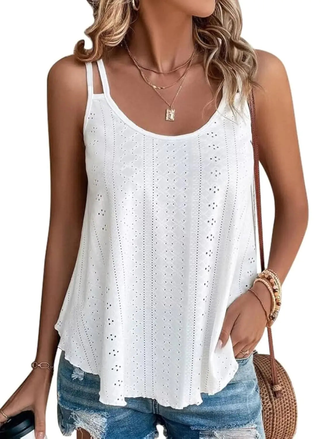 Hgyfcnb Womens Tank Tops Eyelet Sleeveless Cami Shirt Spaghetti Strap Scoop Neck Casual Summer Camisole Shirts White XL